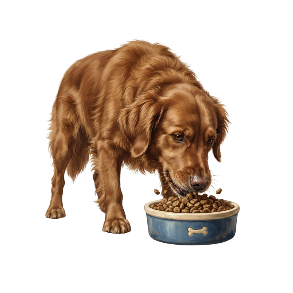 A golden-colored dog eating kibble from a blue bowl with a bone design