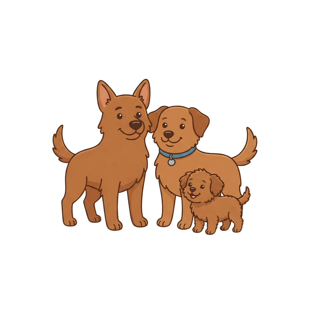 Three cartoon dogs standing together smiling, one wearing a collar.