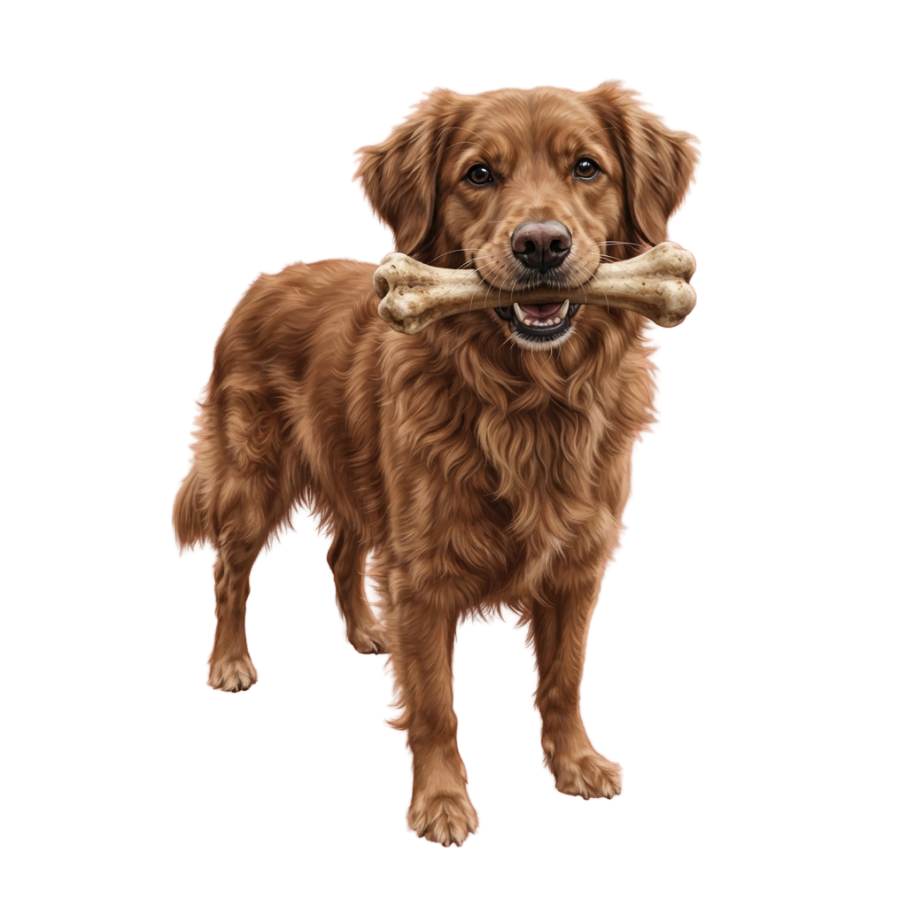Golden Retriever dog holding a bone toy with a happy expression