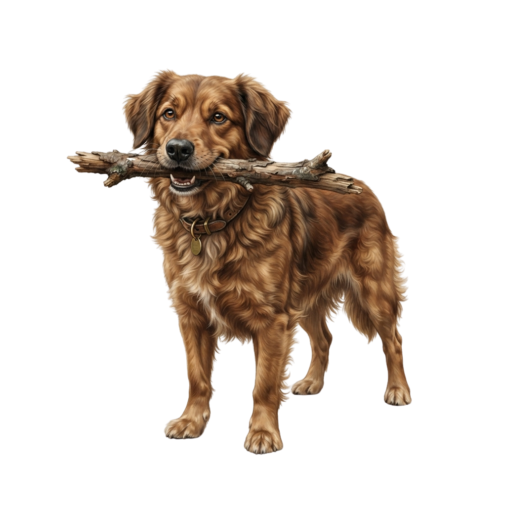 A smiling Golden Retriever holding a stick in its mouth, standing on a black background