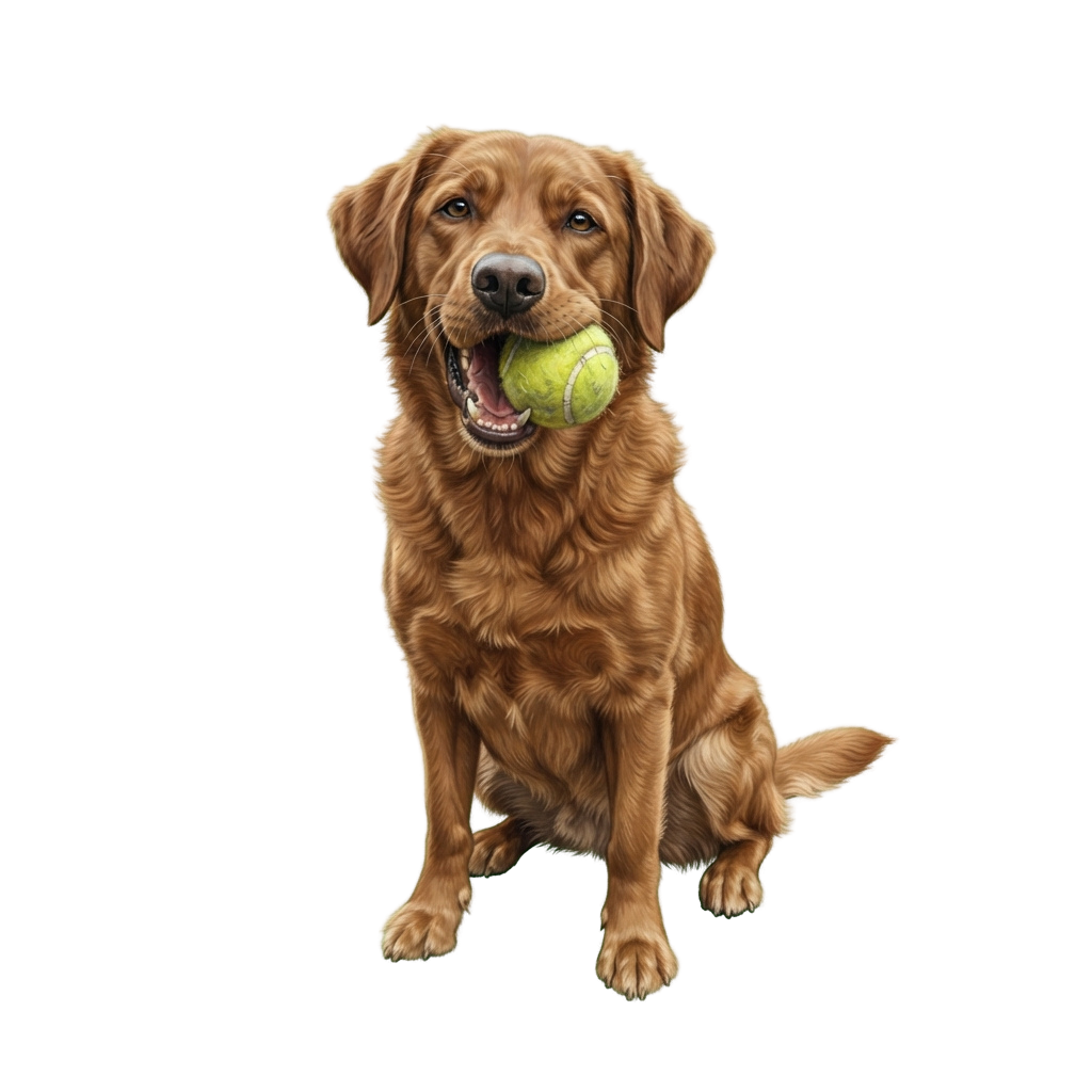 A smiling Golden Retriever holding a yellow tennis ball in its mouth