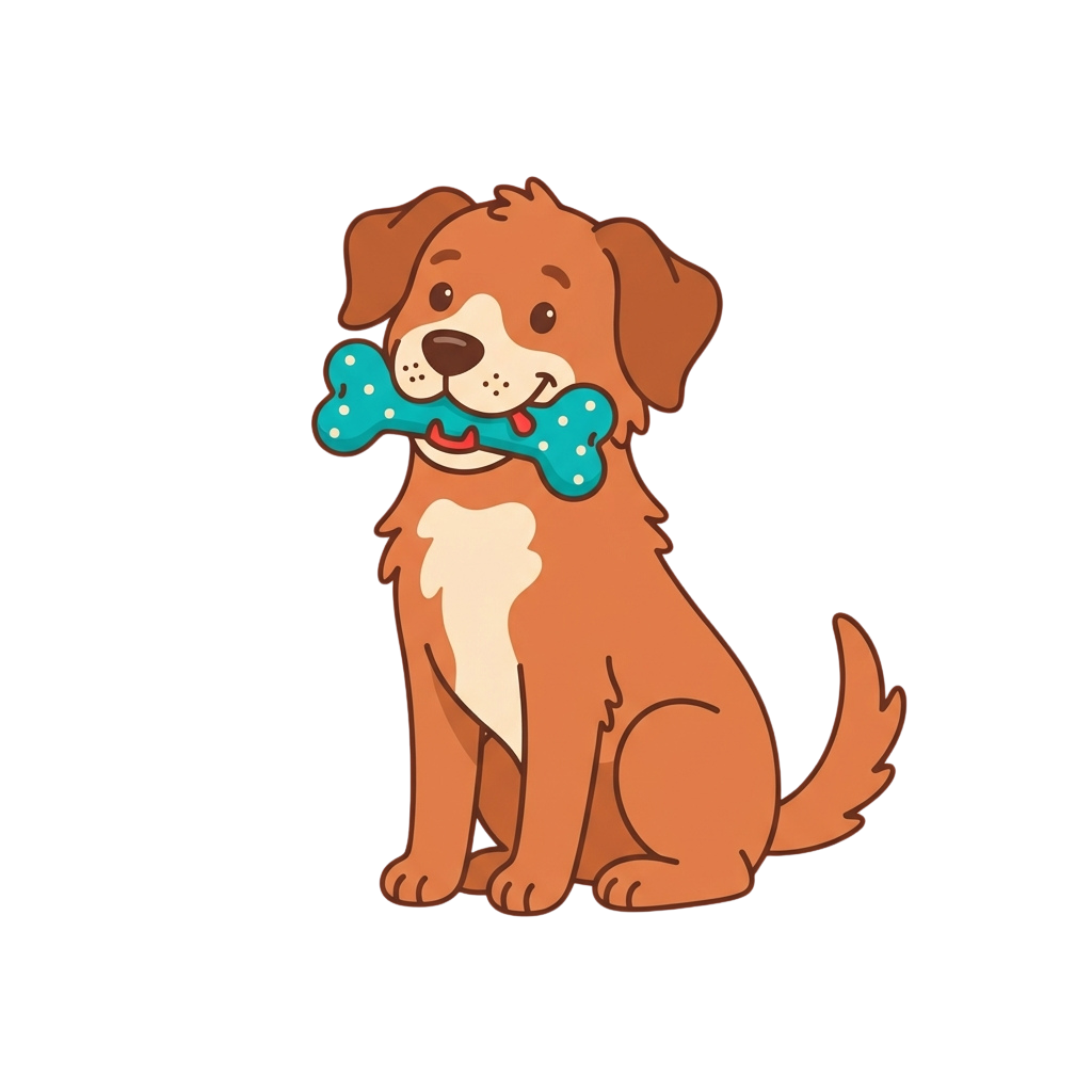 A cheerful cartoon dog sitting and holding a blue bone-shaped toy in its mouth