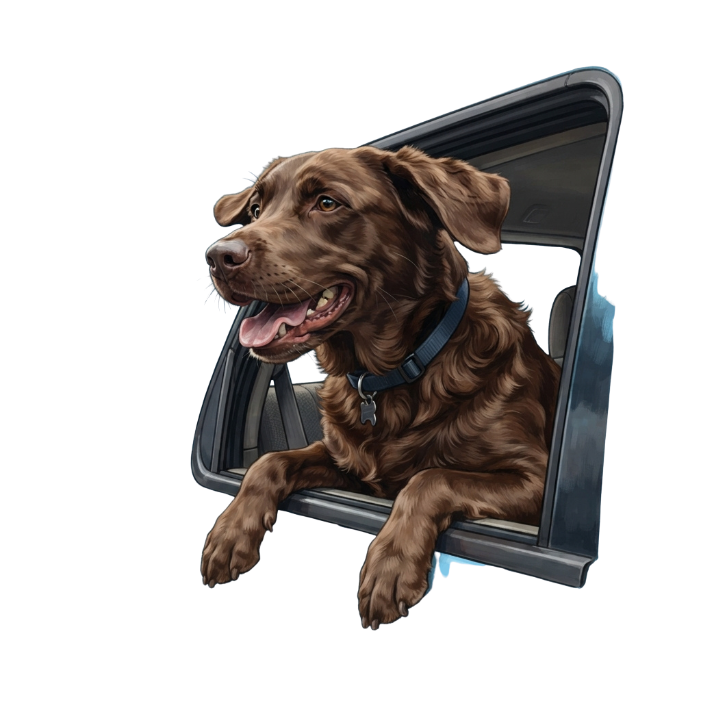 A cheerful brown dog with a blue collar sticking its head out of a car window.