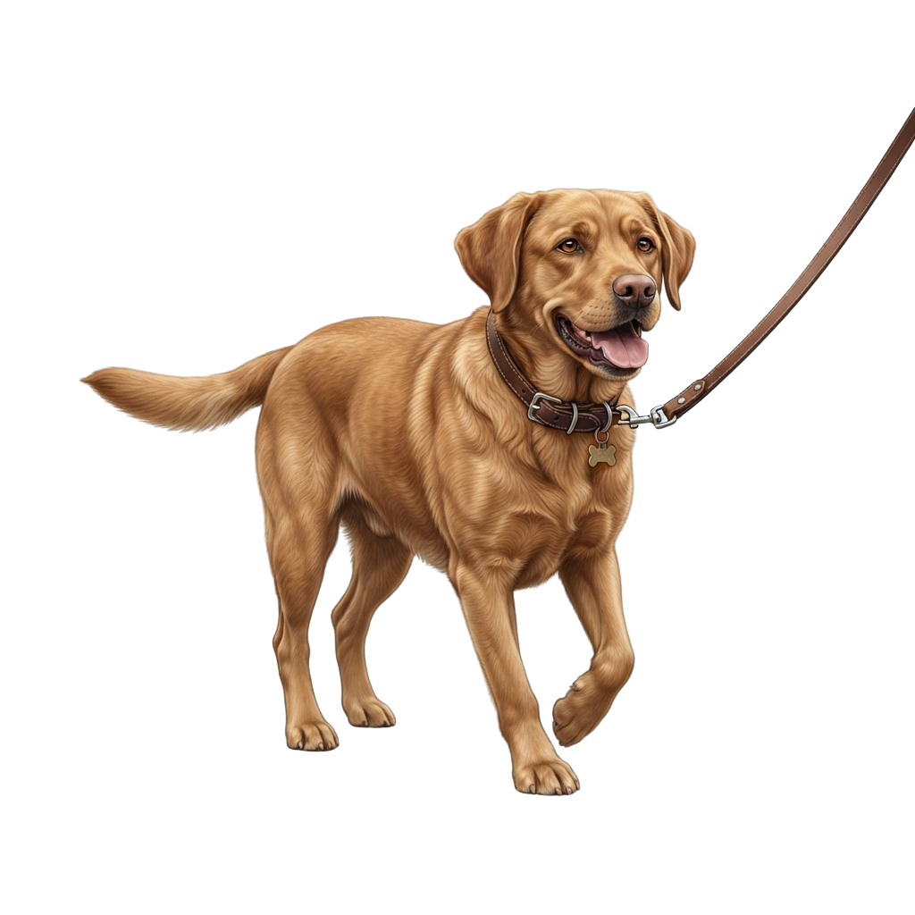 Golden Retriever dog smiling while walking on a leash against a black background