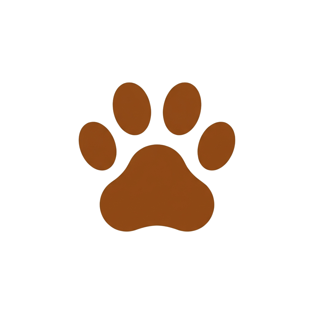 A brown paw print with five distinct toe pads against a black background