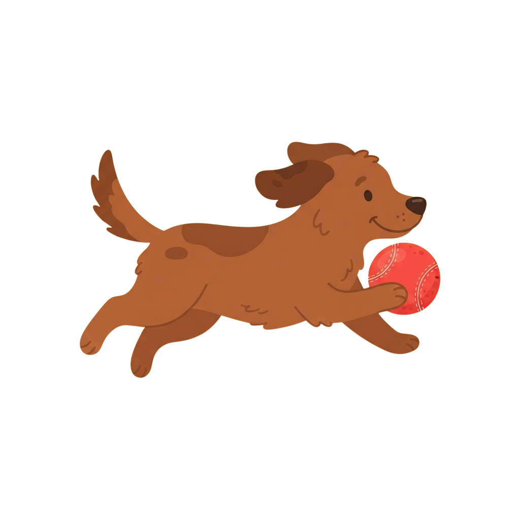A cartoon brown dog mid-air catching a red tennis ball with a joyful expression