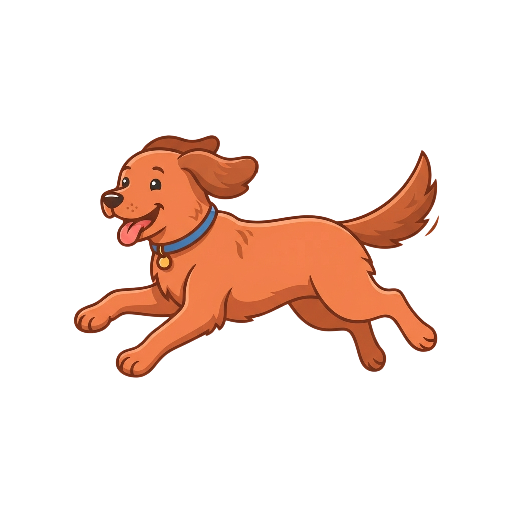 A cheerful cartoon dog running with a blue collar and tag on a black background
