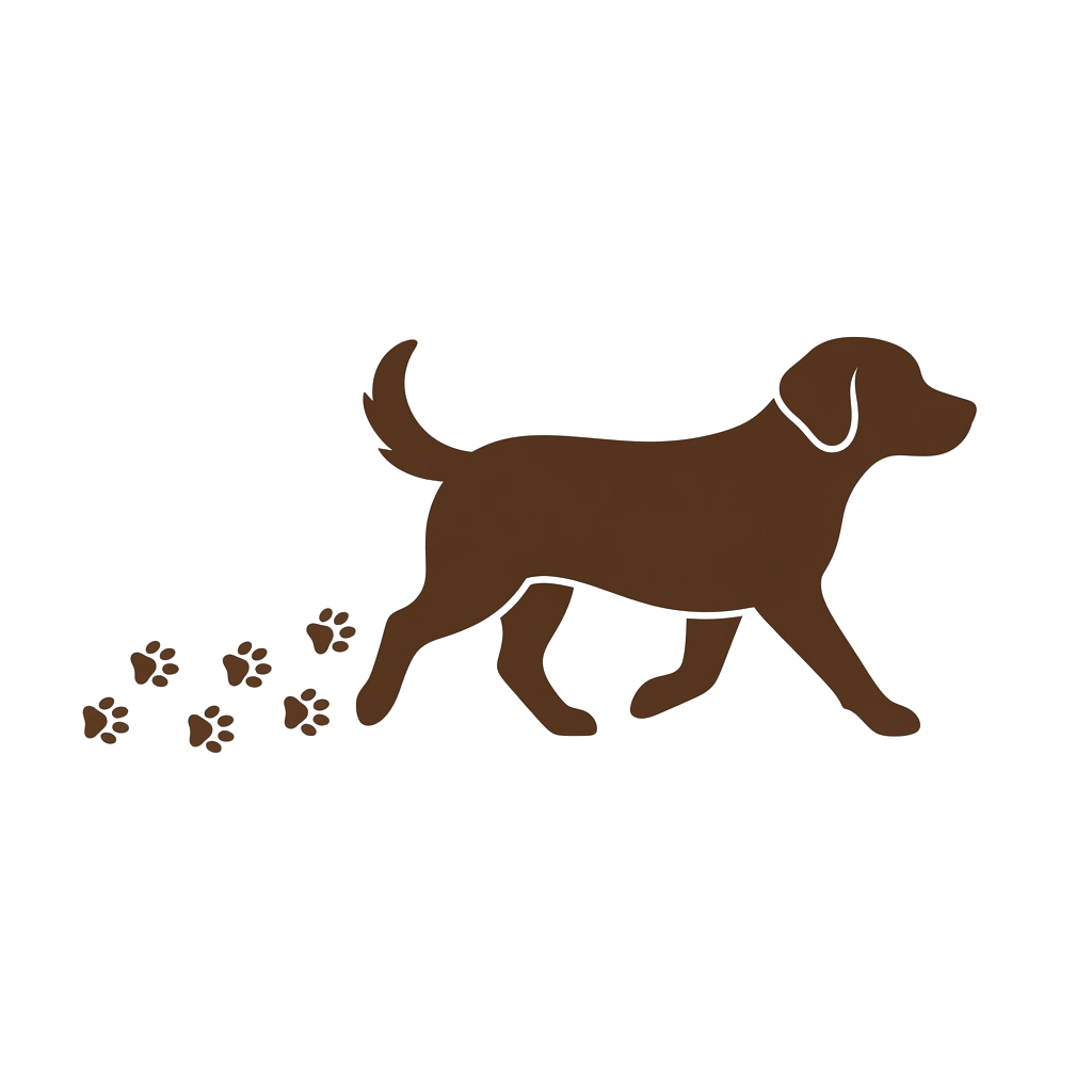 A brown dog silhouette walking on a dark background leaving paw prints behind