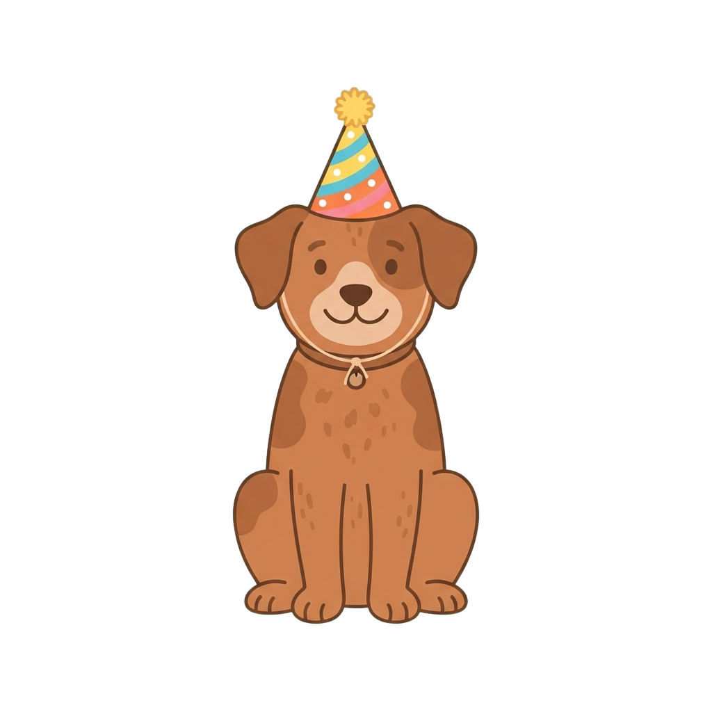 A cheerful brown cartoon dog sitting and wearing a colorful party hat with a pom-pom on top