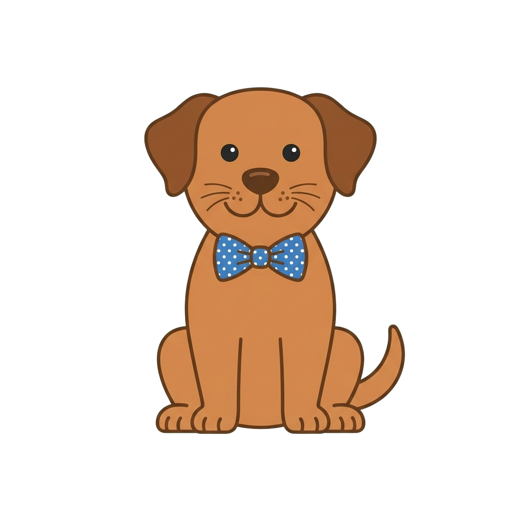 A cheerful cartoon brown dog sitting and wearing a blue bow tie with white polka dots