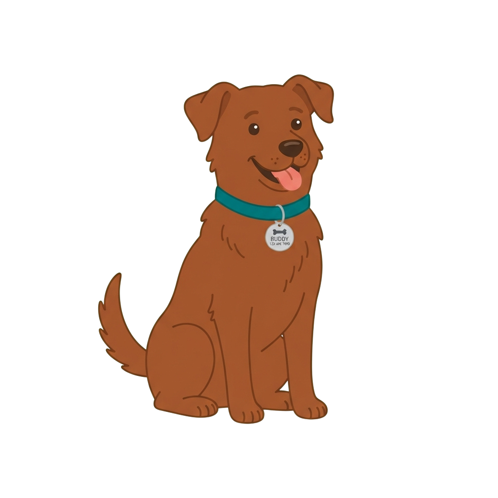 Illustration of a cheerful brown dog sitting and smiling with a tag on its collar