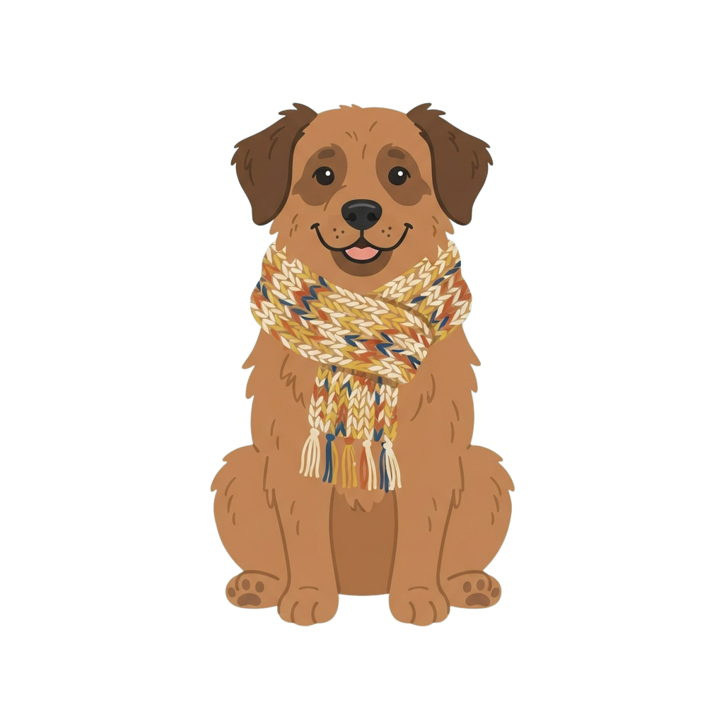 A smiling brown dog sitting and wearing a colorful knitted scarf with tassels