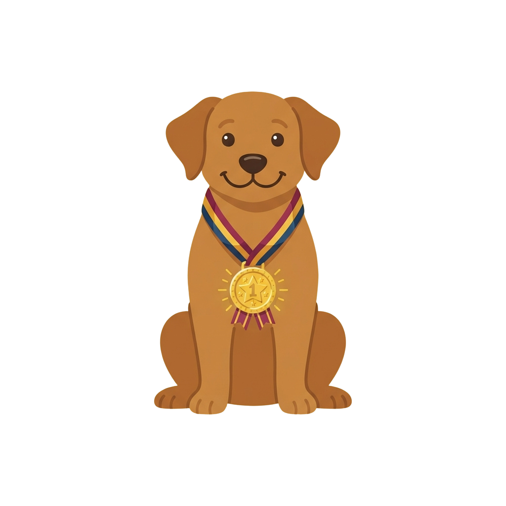 Smiling cartoon dog sitting and wearing a medal with colorful ribbon
