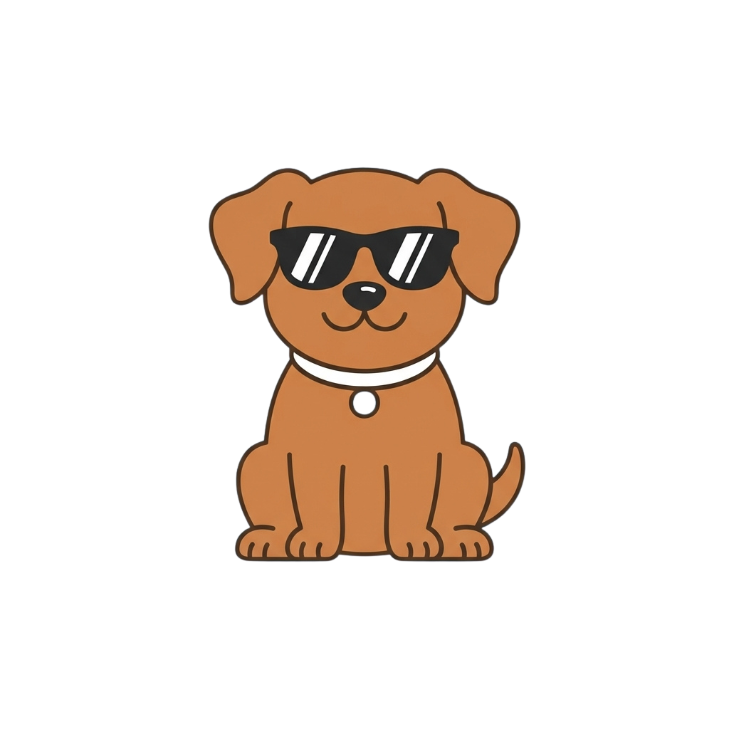 A stylized cartoon dog sitting and wearing black sunglasses and a white collar