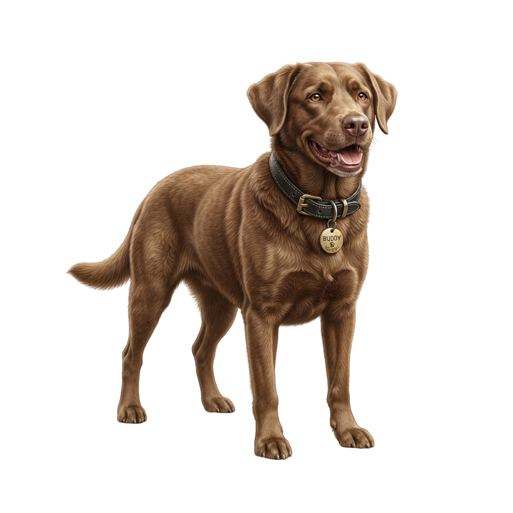 A smiling brown Labrador Retriever standing on a black background