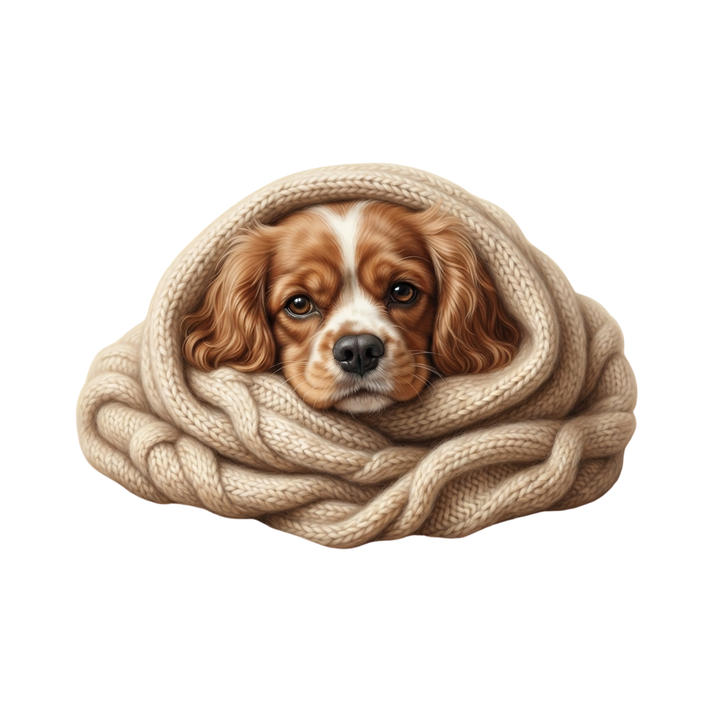 A Cavalier King Charles Spaniel puppy peeking out from a beige knitted blanket.