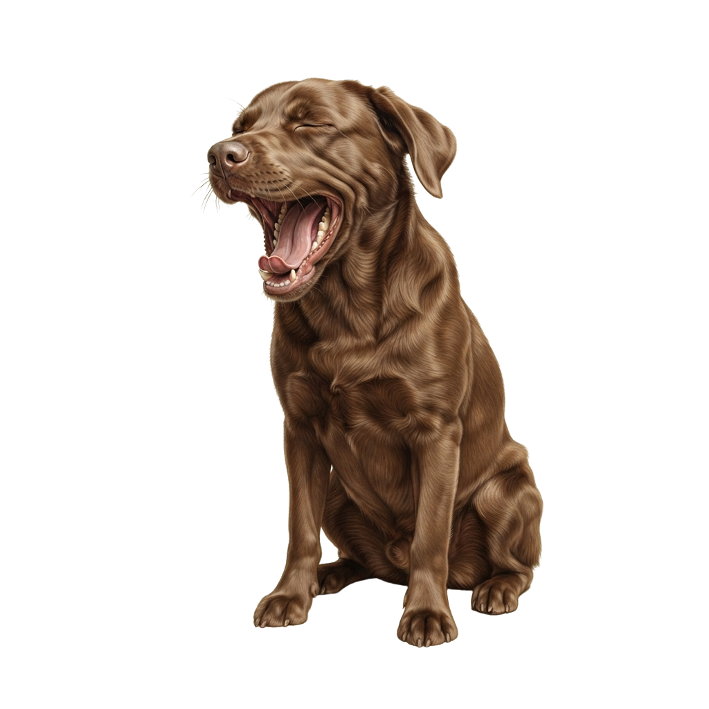 A cheerful brown dog sitting upright with its mouth open, appearing to bark happily
