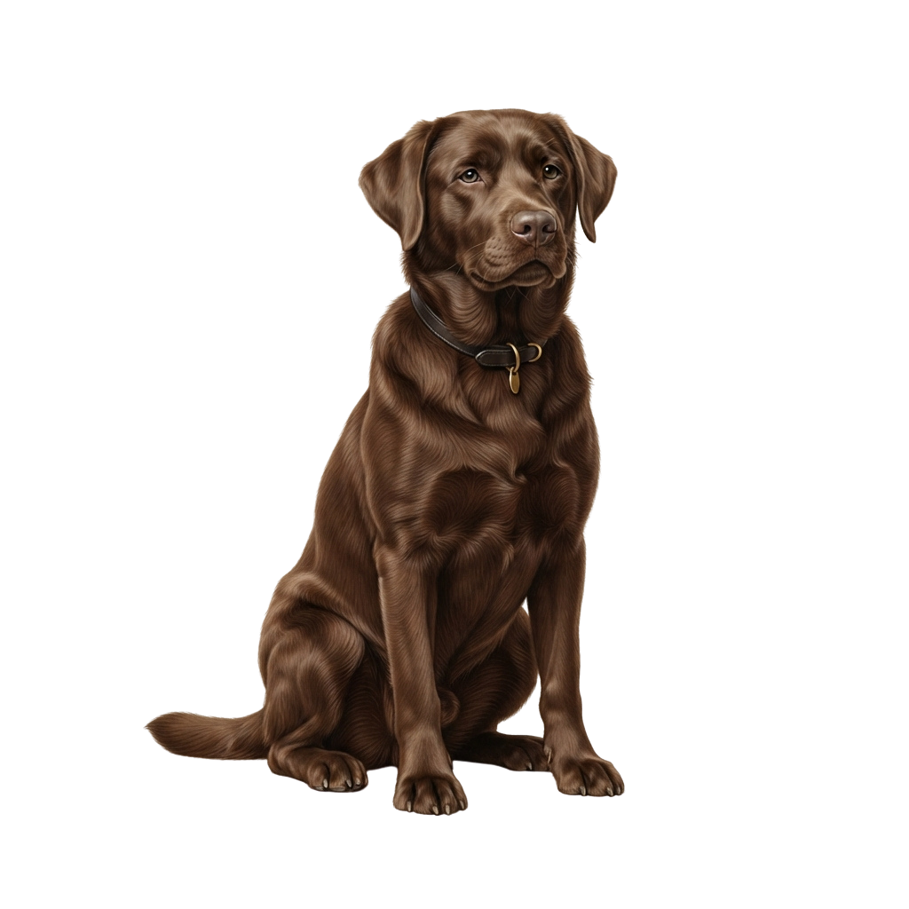 A chocolate brown Labrador Retriever sitting calmly on a black background