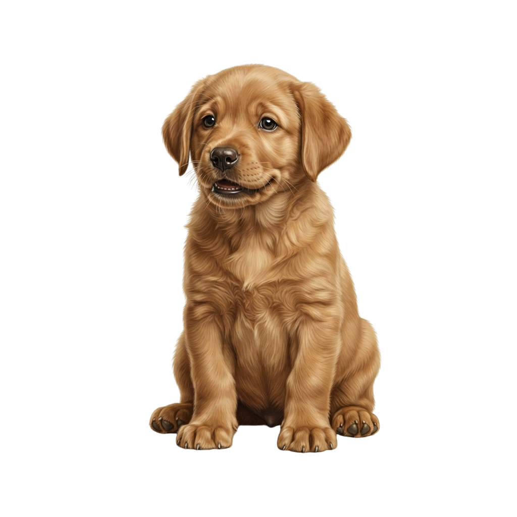 A smiling golden retriever puppy sitting and looking directly at the camera