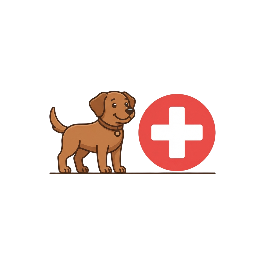 Illustration of a brown cartoon dog standing next to a red circle with a white cross symbol