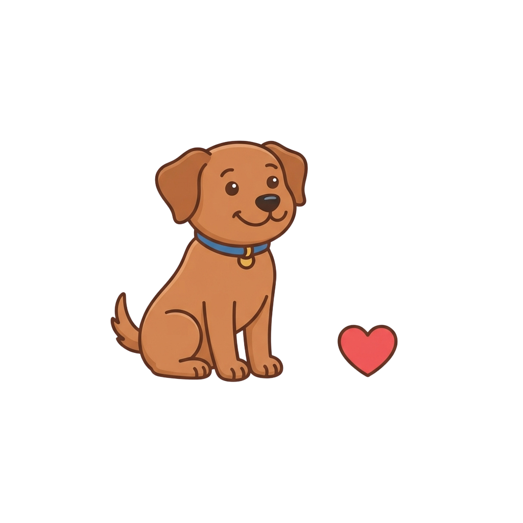 A cheerful cartoon dog sitting on a black background with a heart nearby