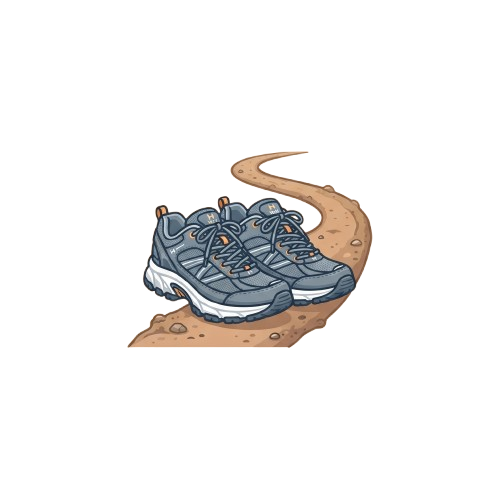 A pair of cartoon athletic shoes leaving a sandy footprint on dark ground