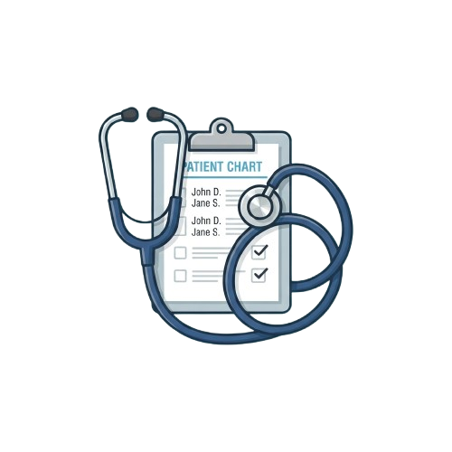 A stethoscope wrapped around a clipboard displaying a patient chart with checkmarks next to patient names