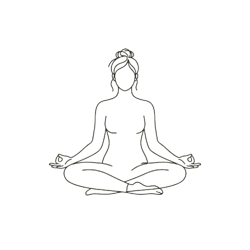 A minimal line drawing of a person sitting in a cross-legged meditation pose on a black background