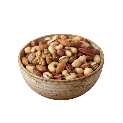A ceramic bowl filled with various types of mixed nuts including almonds, peanuts, and pistachios.