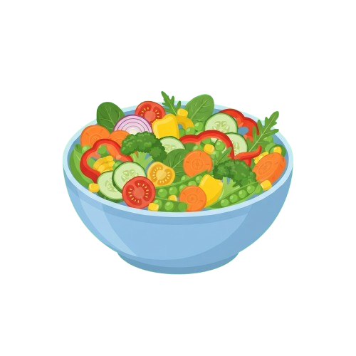 A blue bowl filled with a vibrant mix of fresh vegetables including tomatoes, cucumbers, carrots, lettuce, and peas