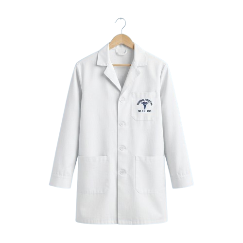 White lab coat hanging on a wooden hanger with a medical emblem on the chest pocket.
