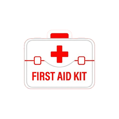 White first aid kit icon with red cross and text reading FIRST AID KIT