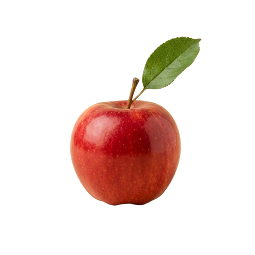 A single red apple with a green leaf on top against a black background