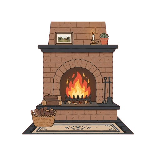 Illustration of a brick fireplace with a roaring fire, a basket of logs, and a decorated mantel including a candle, plant, and framed picture