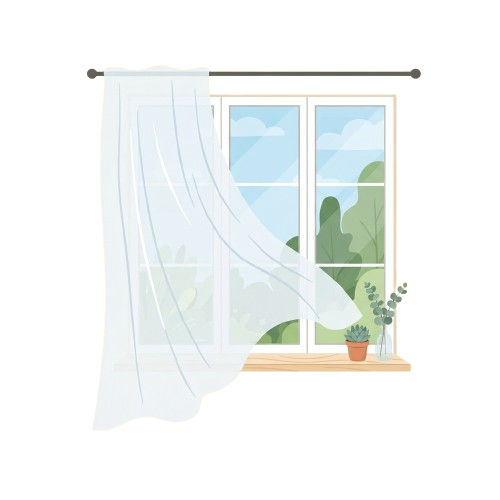 White sheer curtain hanging open on a window revealing greenery outside and a potted plant on the windowsill