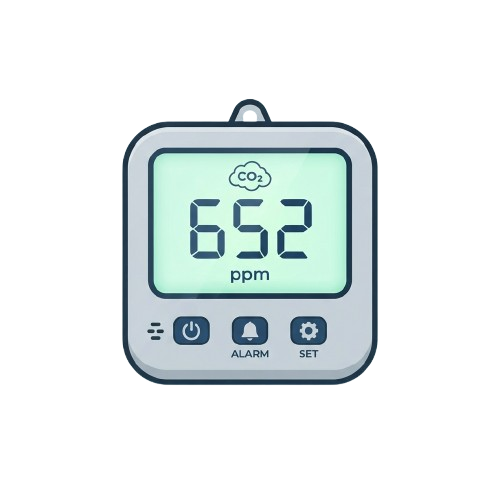 CO2 monitor showing a reading of 652 ppm with cloud icon and control buttons below the screen