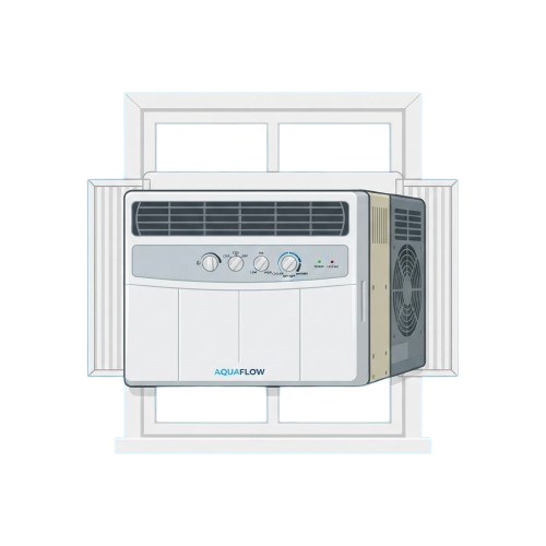 A window-mounted air conditioning unit with control knobs and fan vent installed in a white window frame