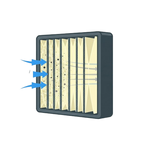 An air filter unit showing airflow entering through the front panel with directional arrows.