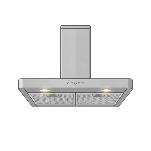 Stainless steel range hood mounted over a cooktop with two illuminated lights and digital controls