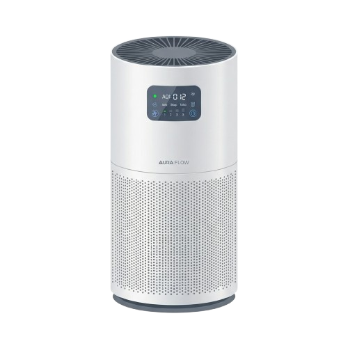A sleek cylindrical air purifier with a digital display showing air quality and settings.
