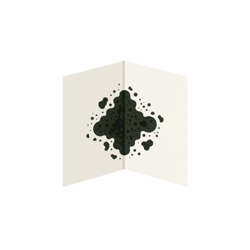 An open book with dark ink blot art on the pages, resembling a cloudy or abstract shape.