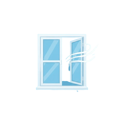 Illustration of an open window with a curtain blowing outward from the wind