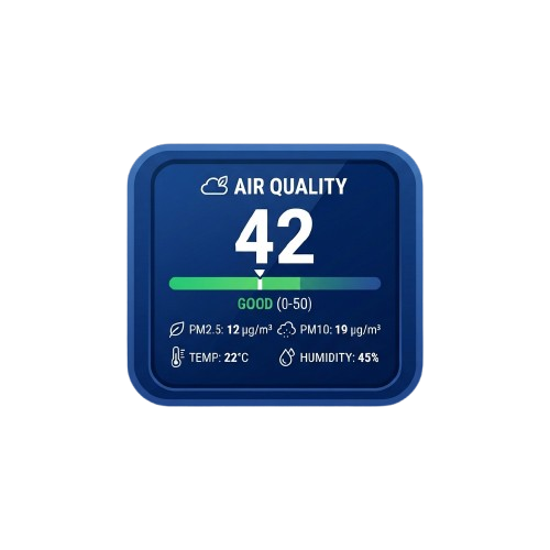 Digital air quality monitor displaying an AQI of 42, indicating good air quality with PM2.5, PM10, temperature, and humidity readings