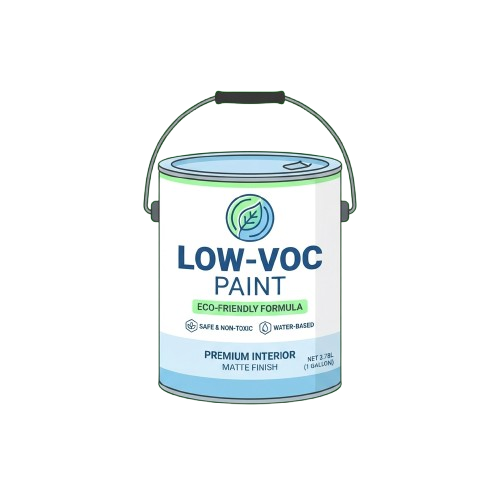 A bucket of low-VOC, eco-friendly, water-based interior paint with a matte finish.