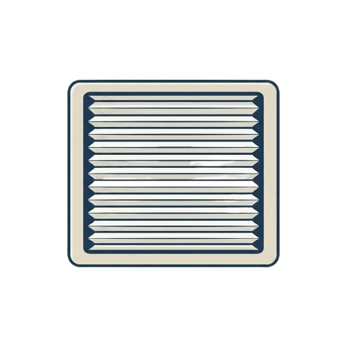 Square ventilation louver with horizontal white slats and blue framing