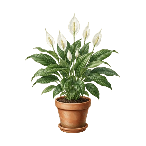 A potted peace lily plant featuring white blooms and broad green leaves in a terracotta pot