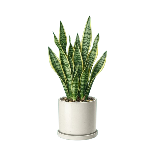 A white pot containing a healthy snake plant with long, upright green and yellow variegated leaves.