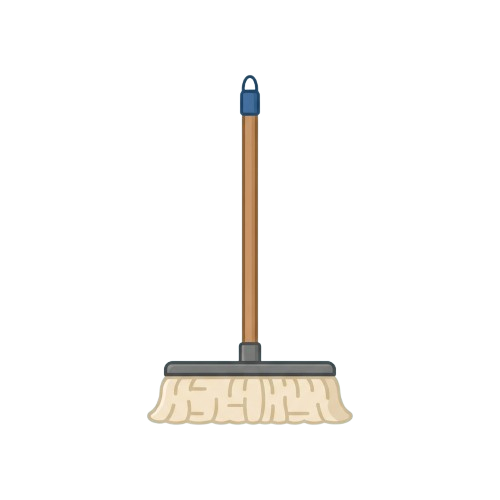 A mop with a wooden handle and blue locking mechanism standing upright against a black background