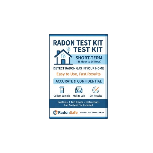 Advertisement for a short-term radon test kit showing a house icon and testing instructions