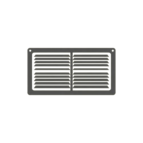 A rectangular metal wall vent with horizontal slats and two sections separated by a vertical divider.
